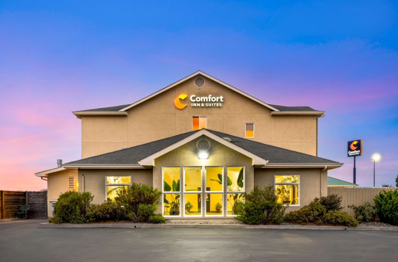The image shows the exterior of a Comfort Inn & Suites building with a lit-up logo, large front windows, a parking area, and some bushes.